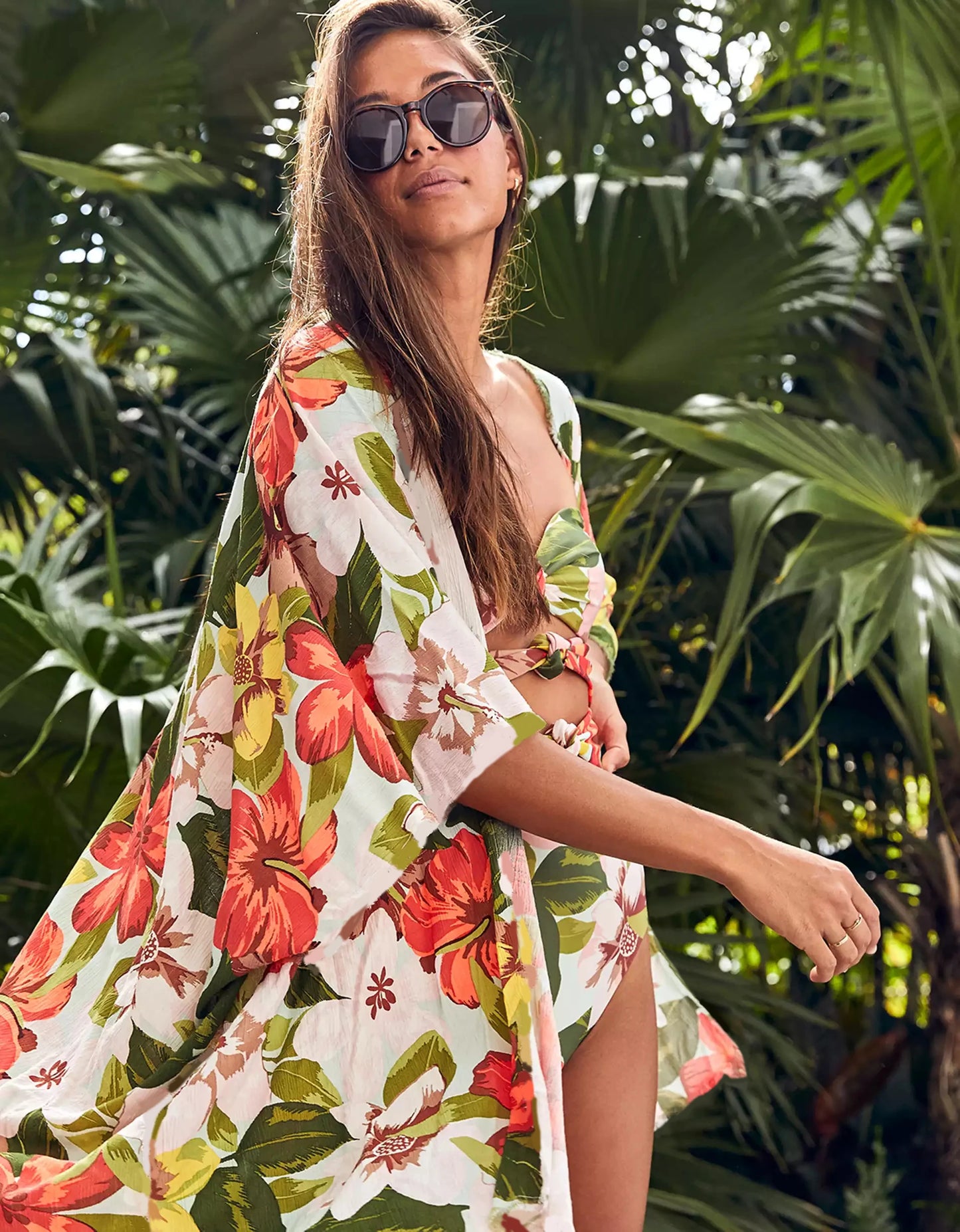 Knot detail Vintage floral swimsuit and Kimono
